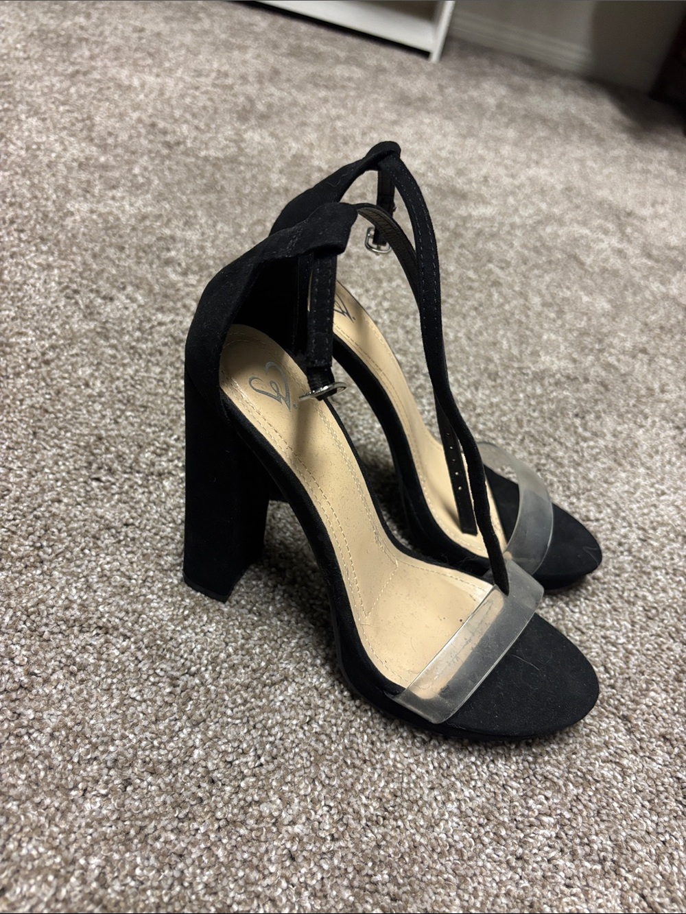 Black Block Heel Sandals with Clear Strap